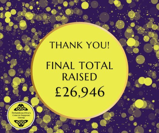 A digital graphic with a dark purple background and scattered golden circles of varying sizes, resembling festive confetti. At the centre, a large yellow circle contains black text that reads: 'THANK YOU! FINAL TOTAL RAISED £26,946'. In the bottom left corner, a circular logo for the Hebridean Men's Cancer Support Group is visible, featuring a Celtic knot design and the group's name.