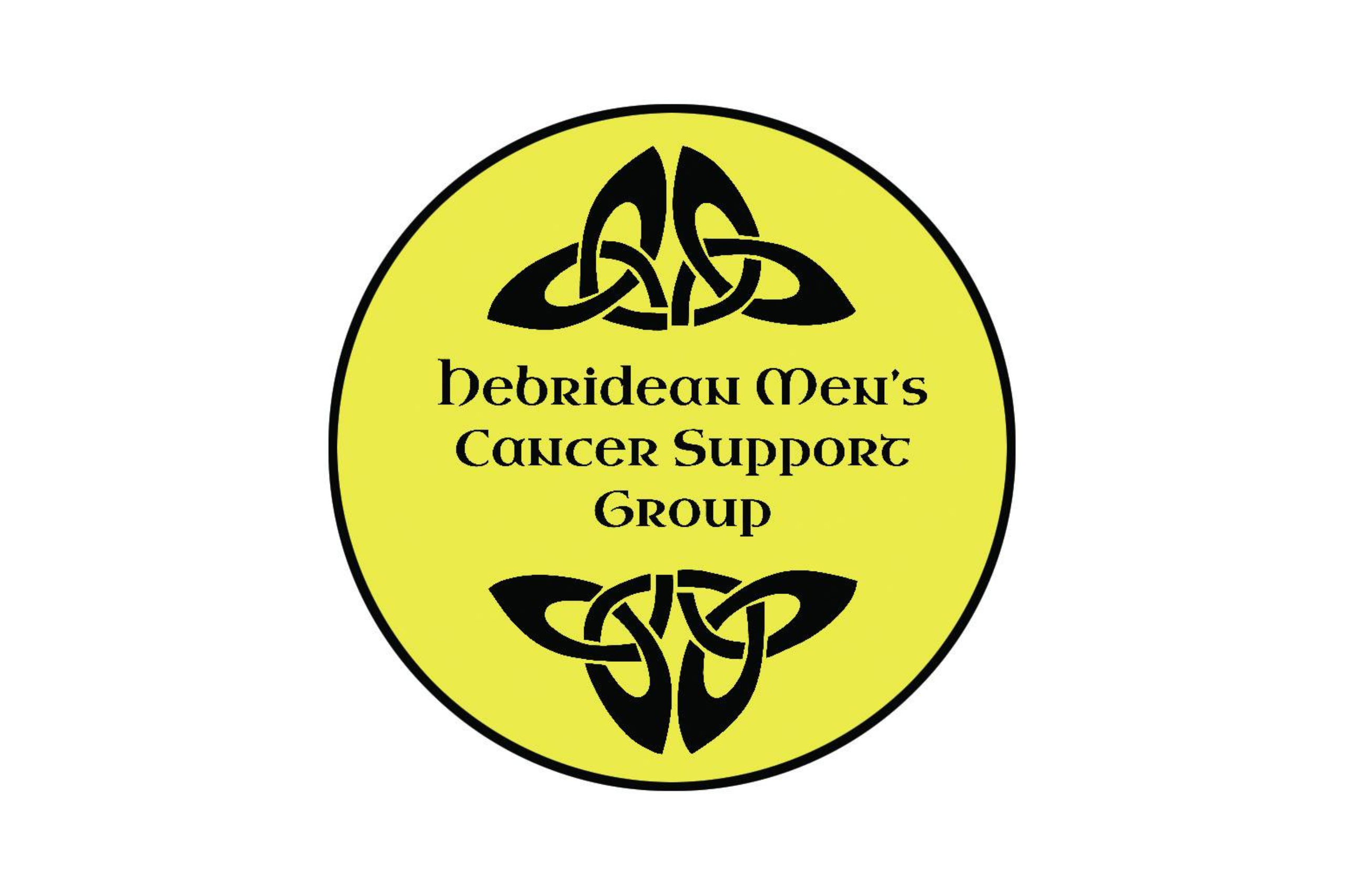 Logo of the Hebridean Men's Cancer Support Group featuring black Celtic knot designs above and below the group's name, written in stylised black text, set against a yellow circular background.