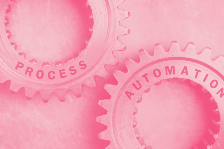 Two interlocked metallic gears with the words 'Process' and 'Automation' engraved on them, symbolising the integration and efficiency of automated workflows. The image is overlaid with a pink hue for a vibrant and modern feel.
